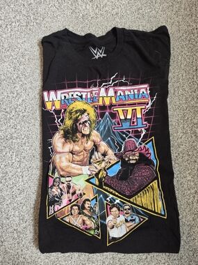 WWE Black Tee with Neon Yellow Pink and Blue WrestleMania VI Graphic